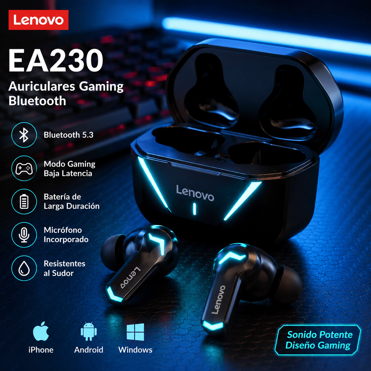 Auriculares Bluetooth Gaming Lenovo EA230 TWS Baja Latencia.Accesorios - NovaCase Store